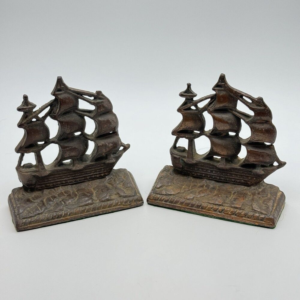Bookends Vintage Old Ironsides Cast Iron Clipper Ship Pair Nautical Sailboat